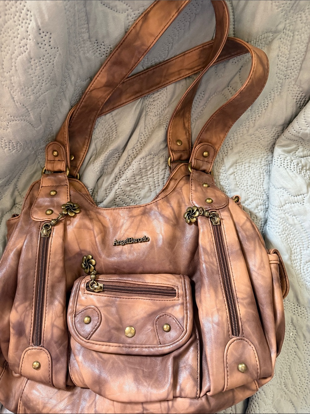 Angel Biba Rose Tan Shoulder Bag with Brass Accents